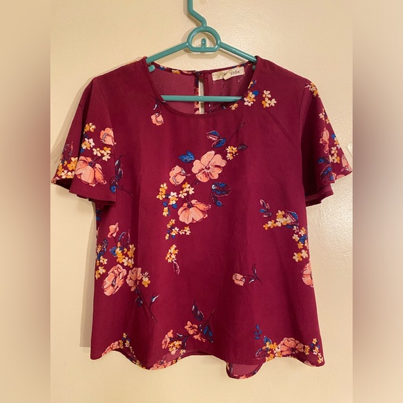 Rewind Tops - Rewind Blouse Women’s Medium Burgundy Floral Short Sleeve Top